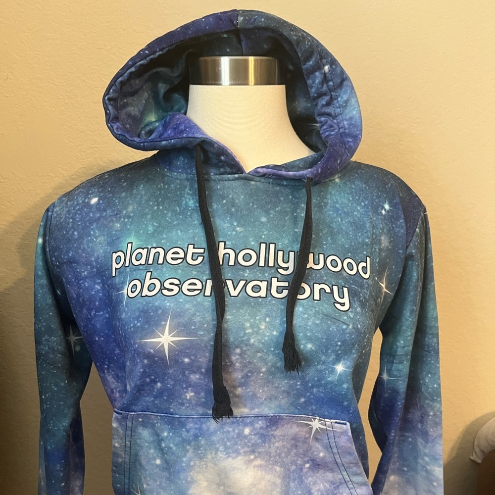 Planet Hollywood Blue Graphic Hoodie Size M Galaxy Sweatshirt Unisex Soft Space